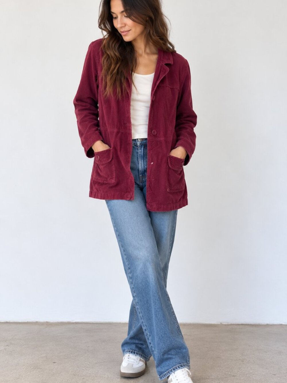 French Cuff Burgundy Corduroy Utility Field Jacket Blazer Coat 90s Style Small